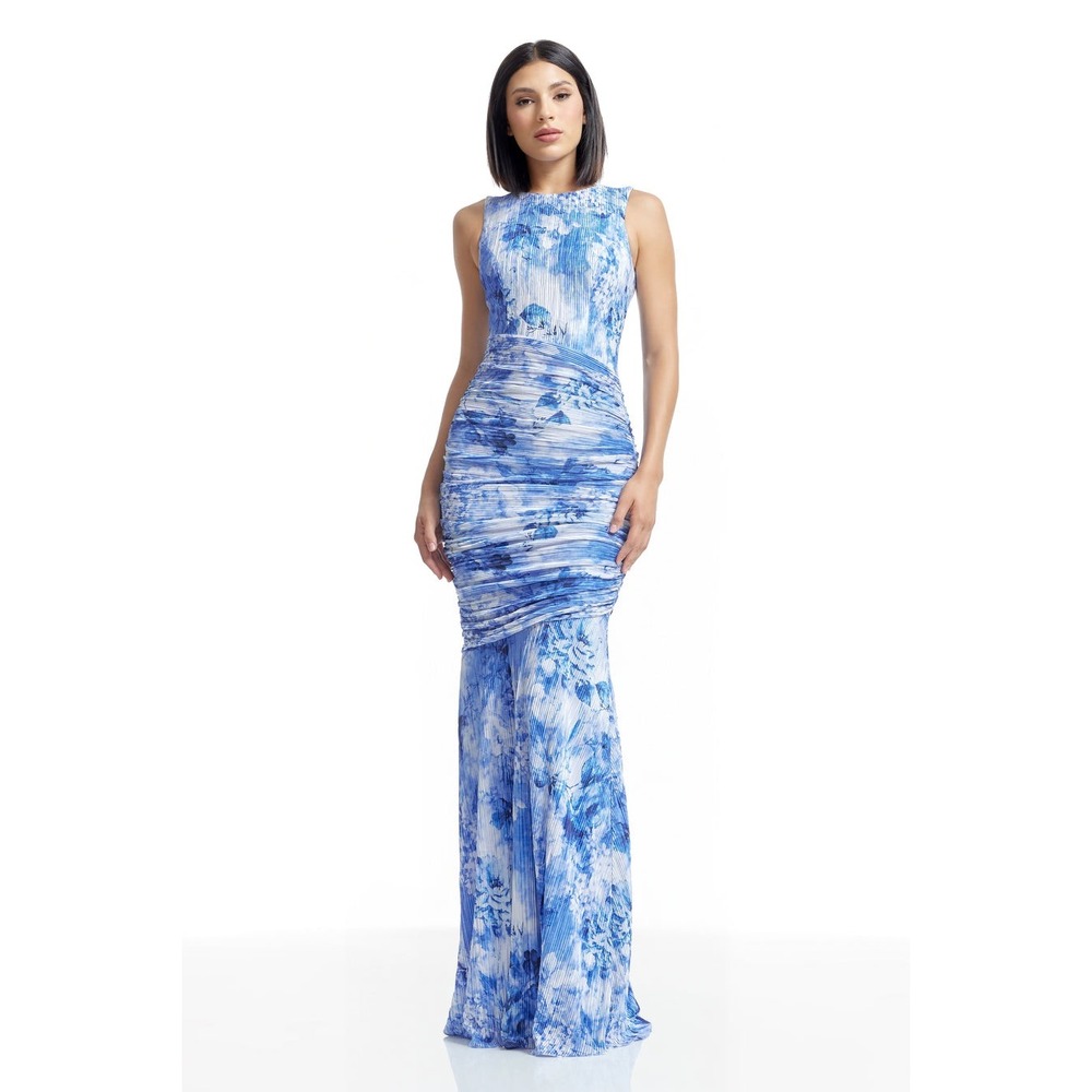 Dress The Population Violetta Maxi Dress XL Blue Floral Pleated Ruched Wedding